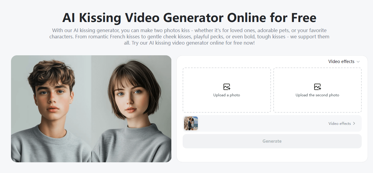 Open AI Kissing Generator Launch the AI kissing video generator to start creating romantic kiss videos.