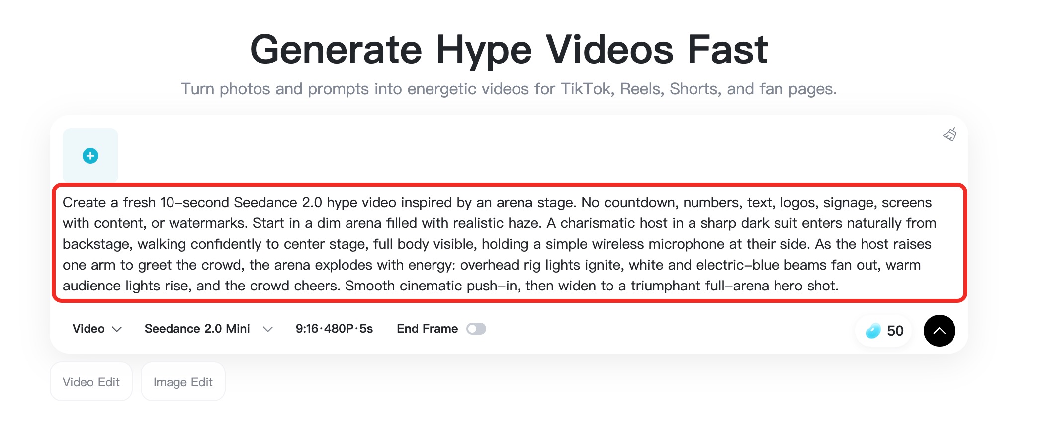Enter Hype Prompt Prompt box showing motion instructions for a hype video.