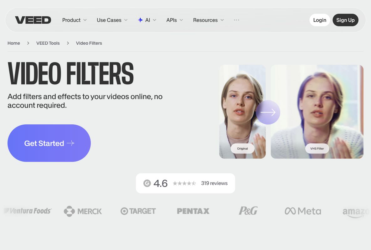 VEED official video filters webpage with before and after preview