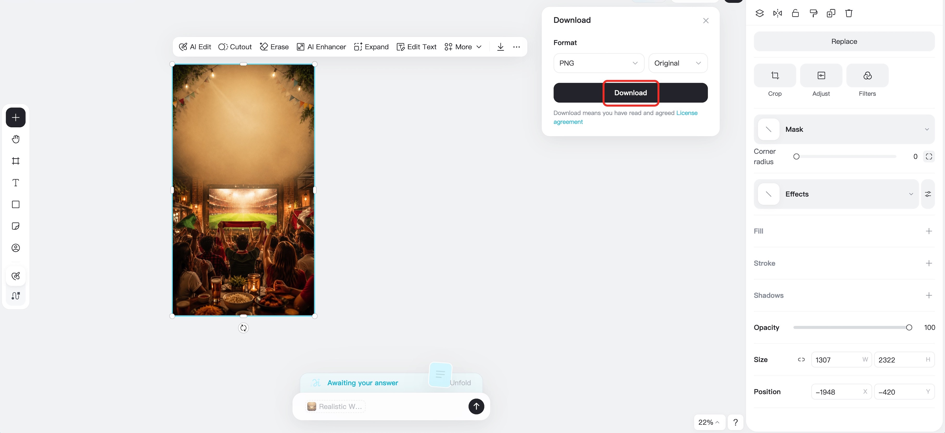 Download panel for exporting a World Cup football visual from insMind.