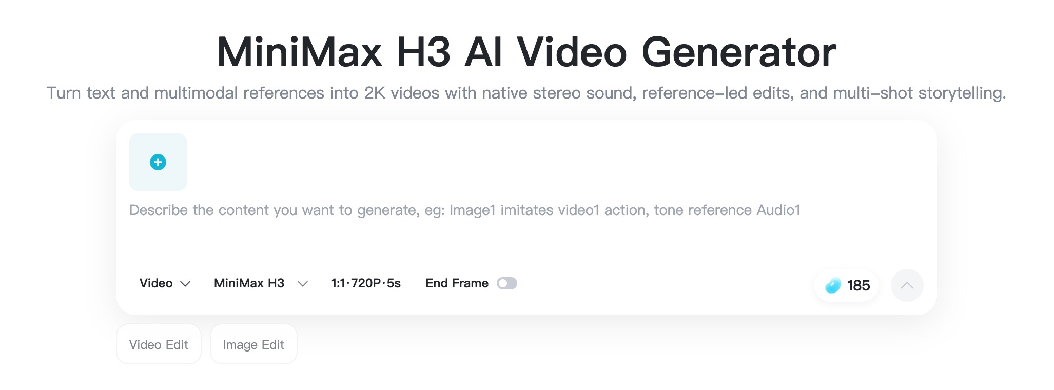 MiniMax H3 AI video generator page with upload and model settings.