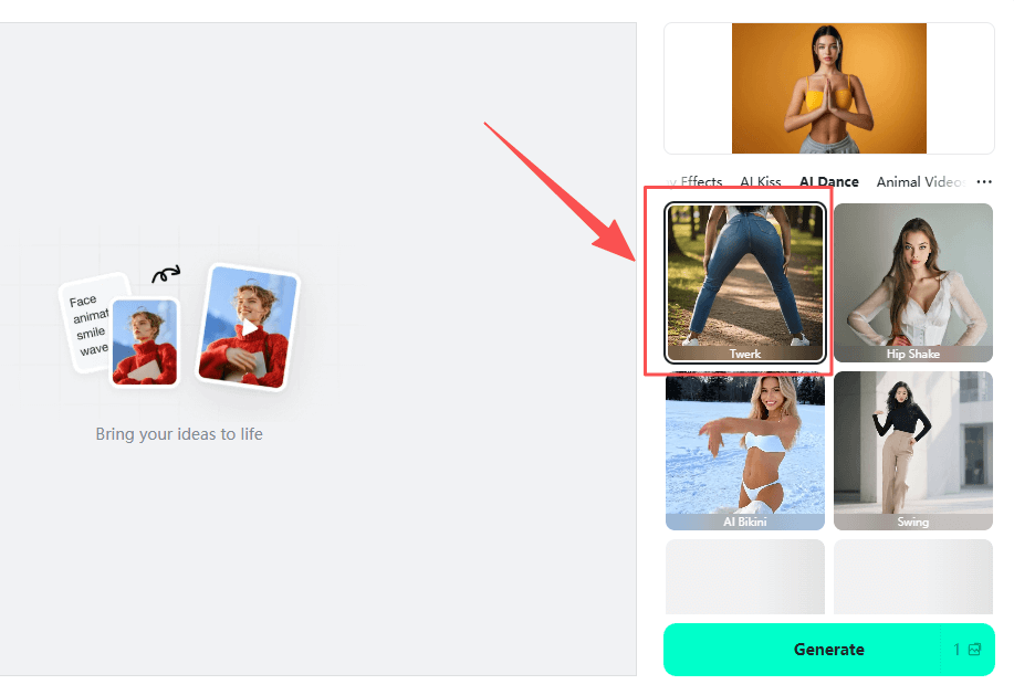 Selecting an AI twerk animation effect to apply motion to a photo.