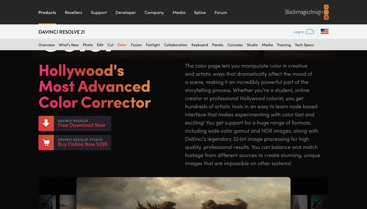 DaVinci Resolve official color correction webpage