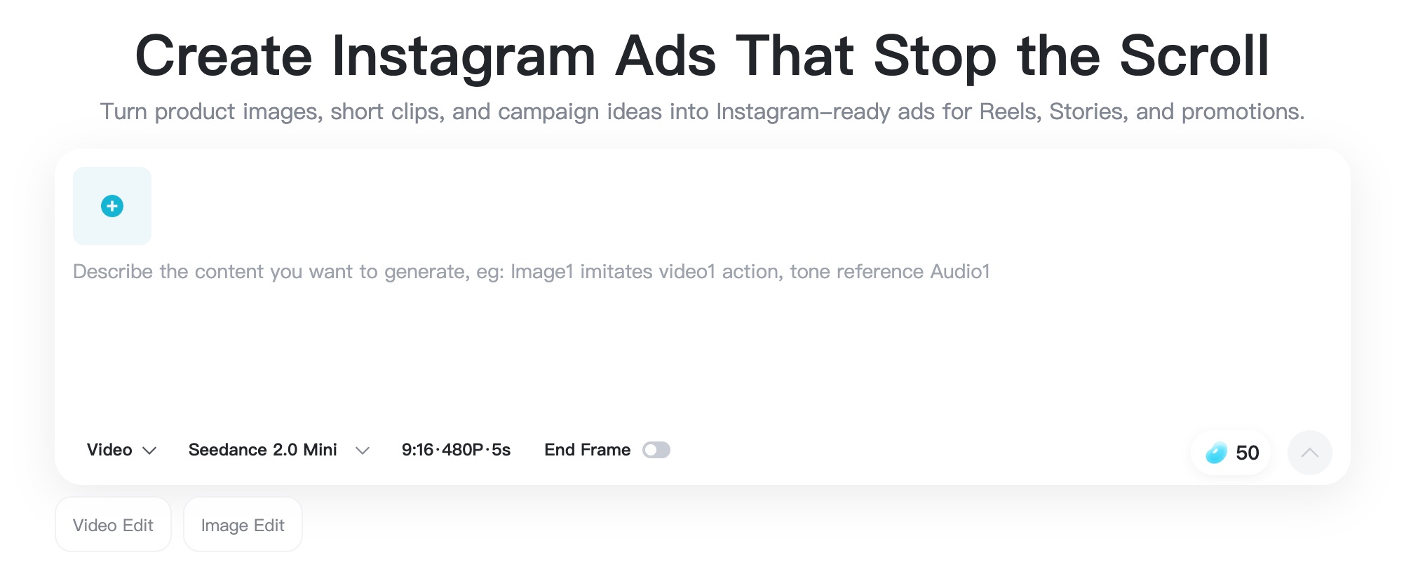 Open Instagram Ad Maker insMind Instagram ad maker input screen for ad templates