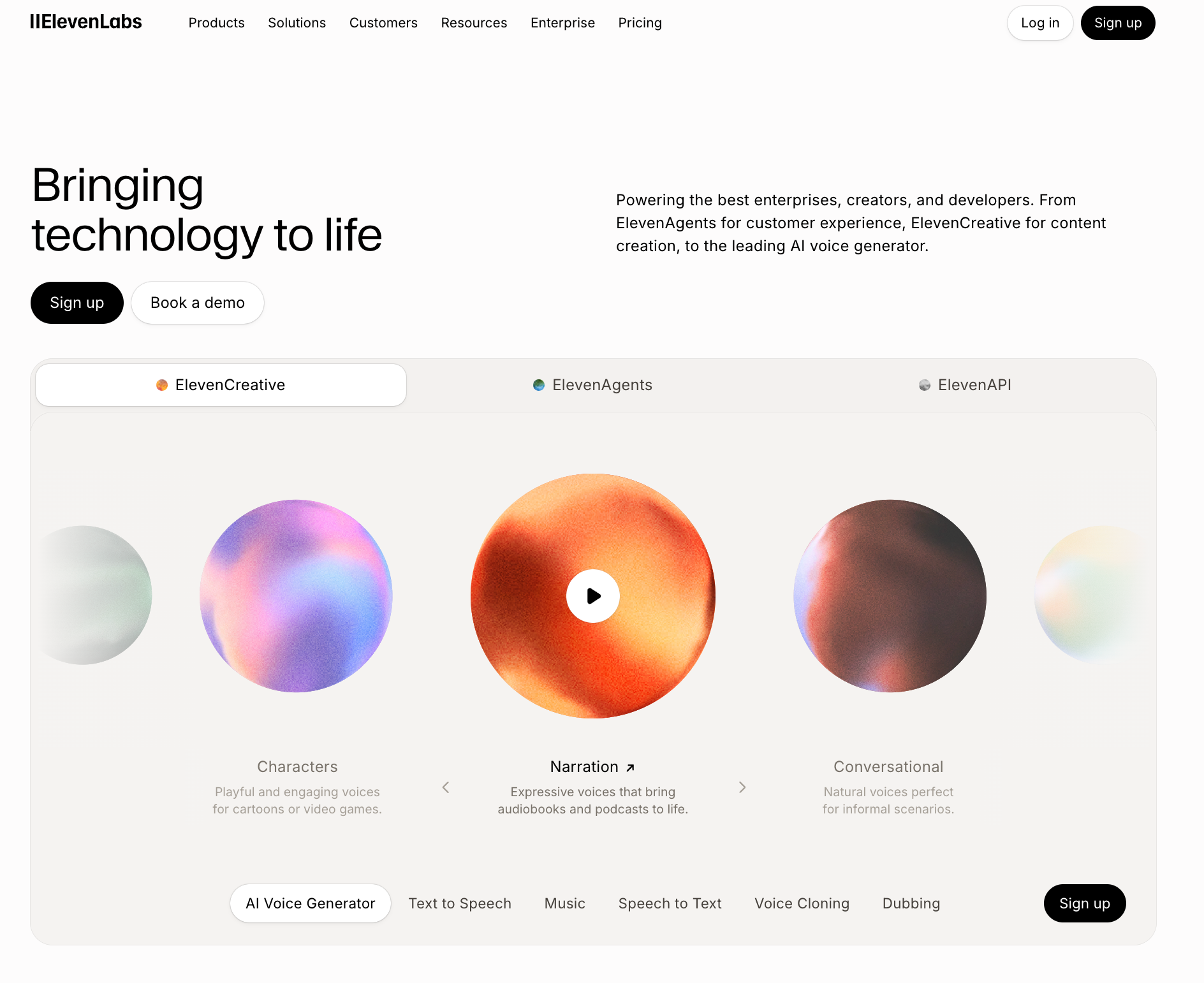 ElevenLabs Website ElevenLabs homepage introducing its AI voice platform.
