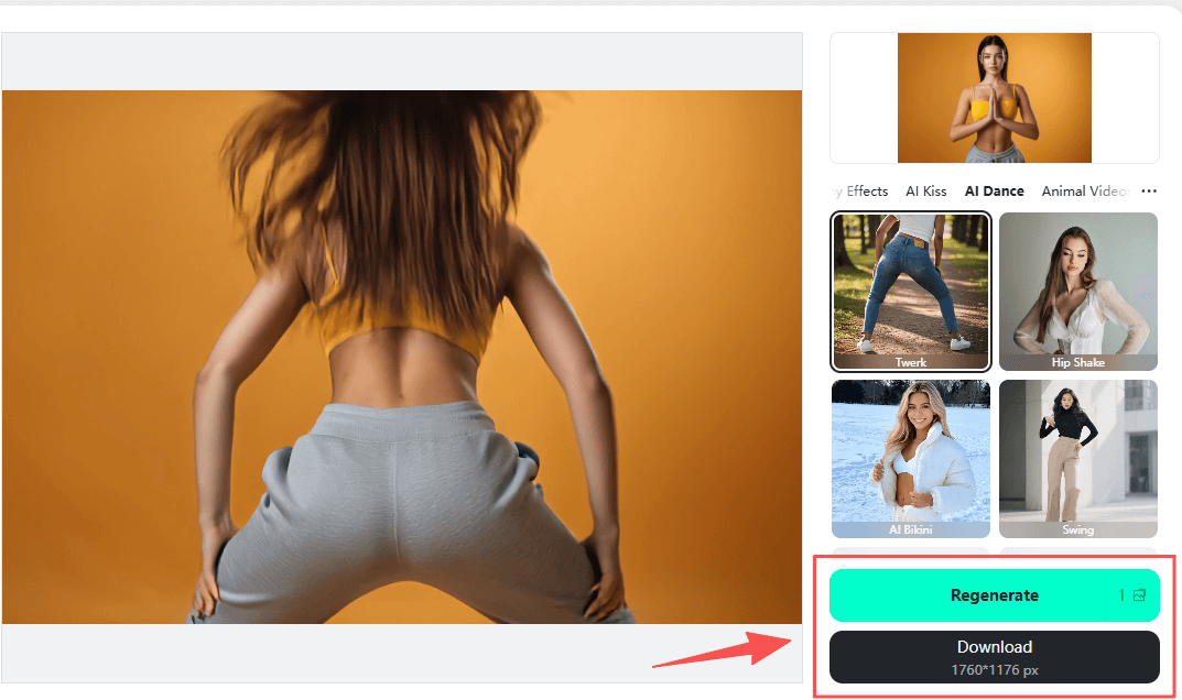 Generating the AI twerk video and downloading the finished dance animation.