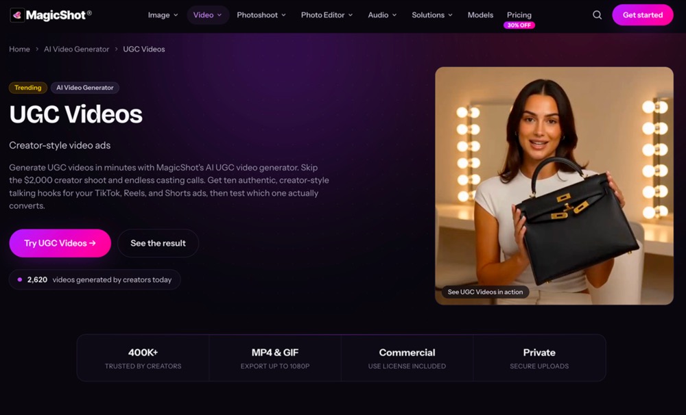 MagicShot.ai Interface MagicShot.ai homepage showing the AI UGC video generator interface