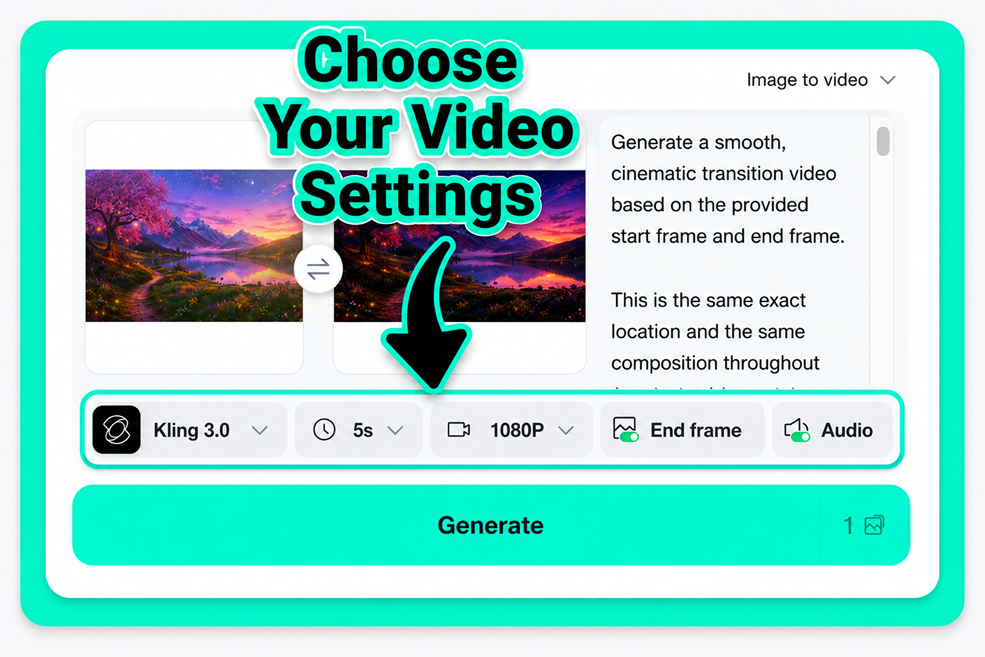 Choose Kling model duration resolution and end frame settings