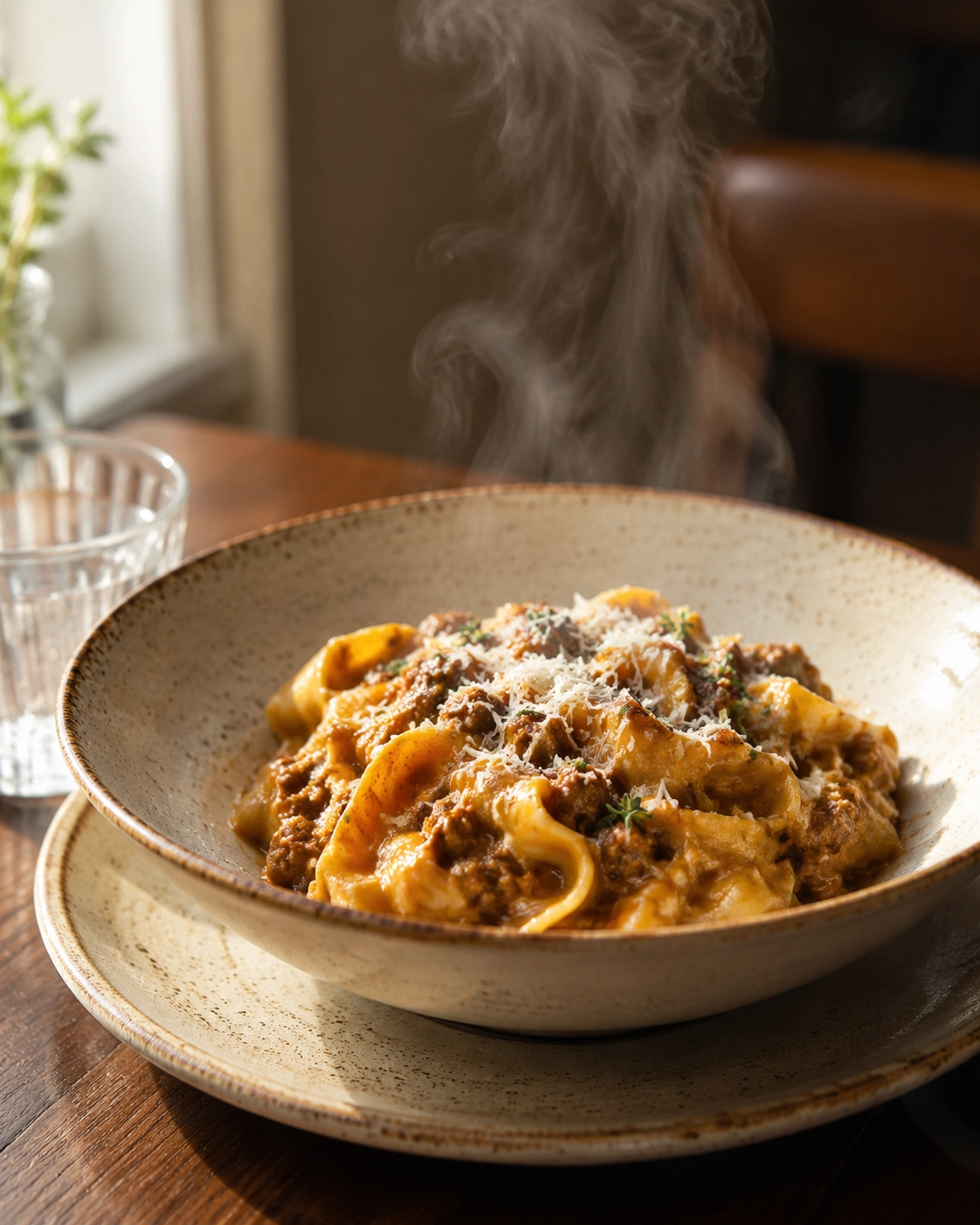 Fresh pasta bowl with steam and window light.