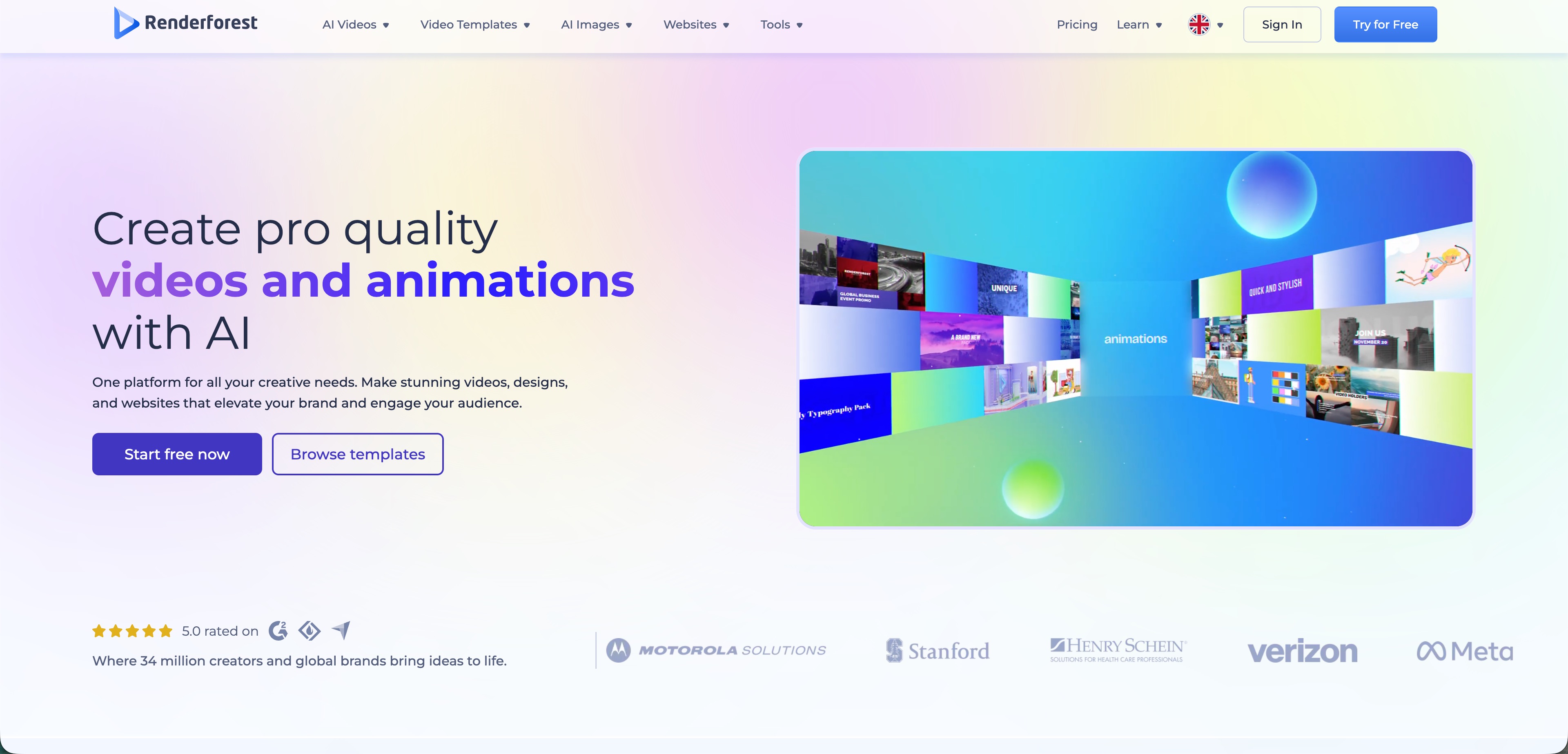 Renderforest Interface Renderforest video and animation platform homepage screenshot