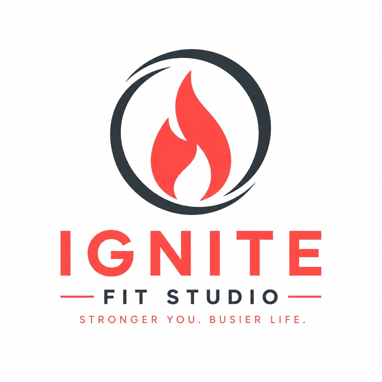 Minimalist fitness studio logo with flame icon