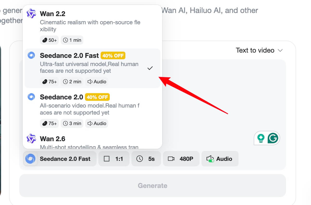 Select Seedance 2.0 or another model for close-up motion Model picker in insMind — Seedance 2.0 for cinematic close-up clips
