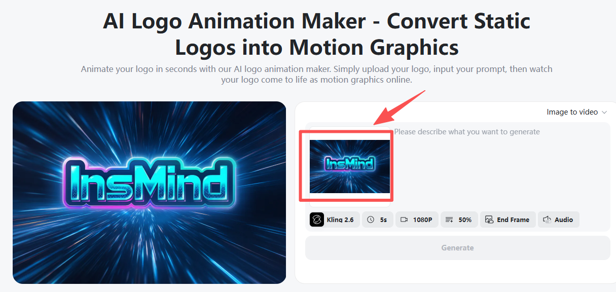 Uploading a logo image into an AI logo animator to start animation creation.