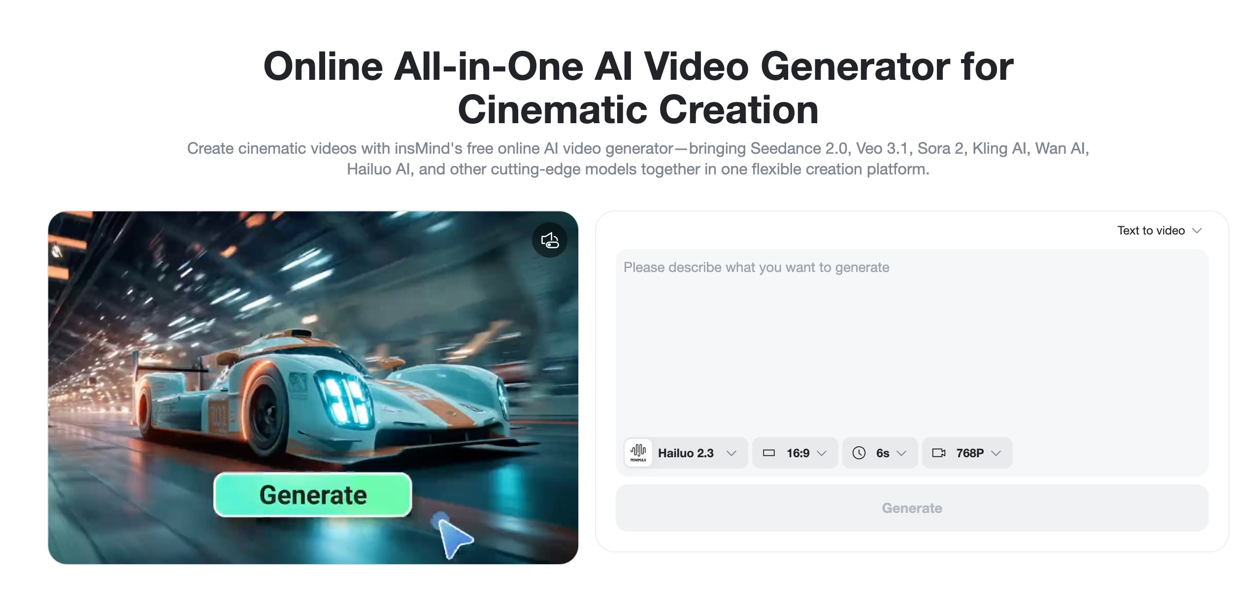 The insMind AI video generator page shows text-to-video mode.