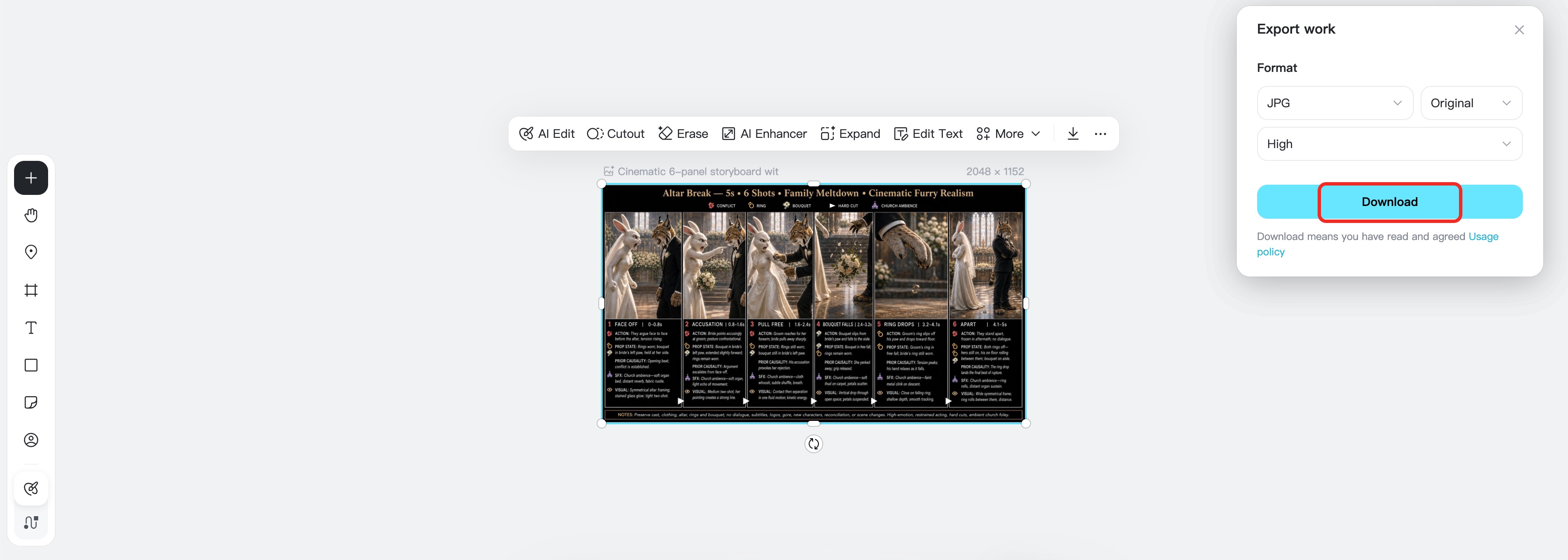 Export and download the AI micro-drama storyboard in insMind