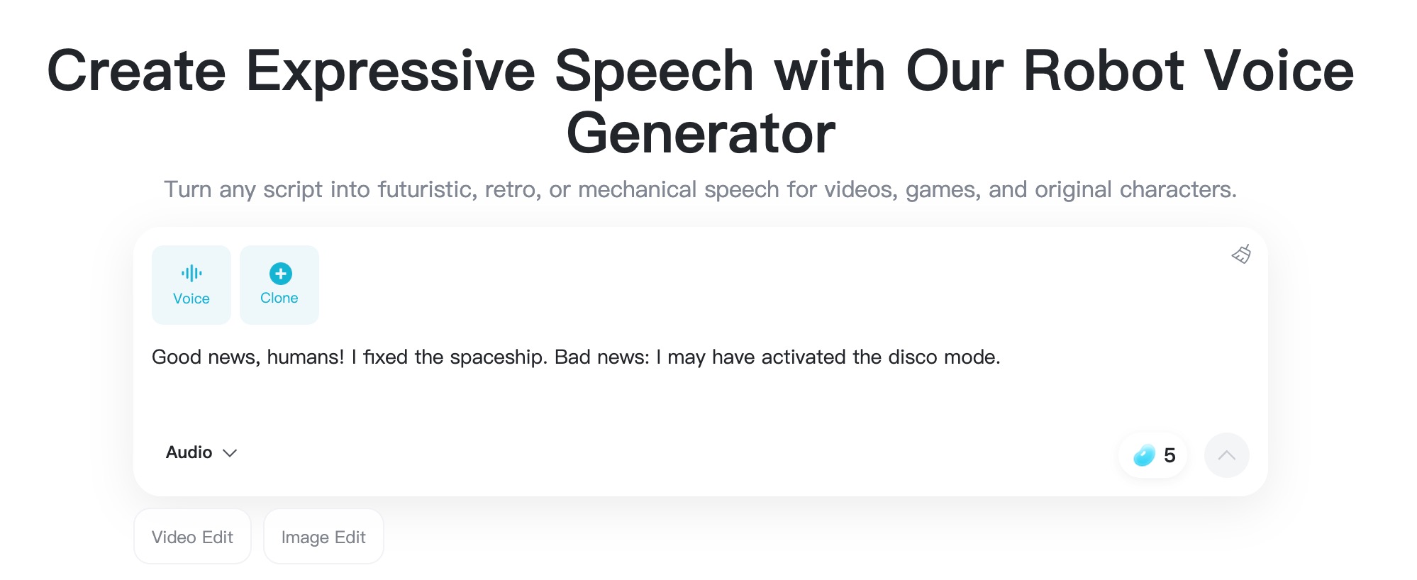 insMind robot voice generator with a short funny script typed in, ready to choose a voice