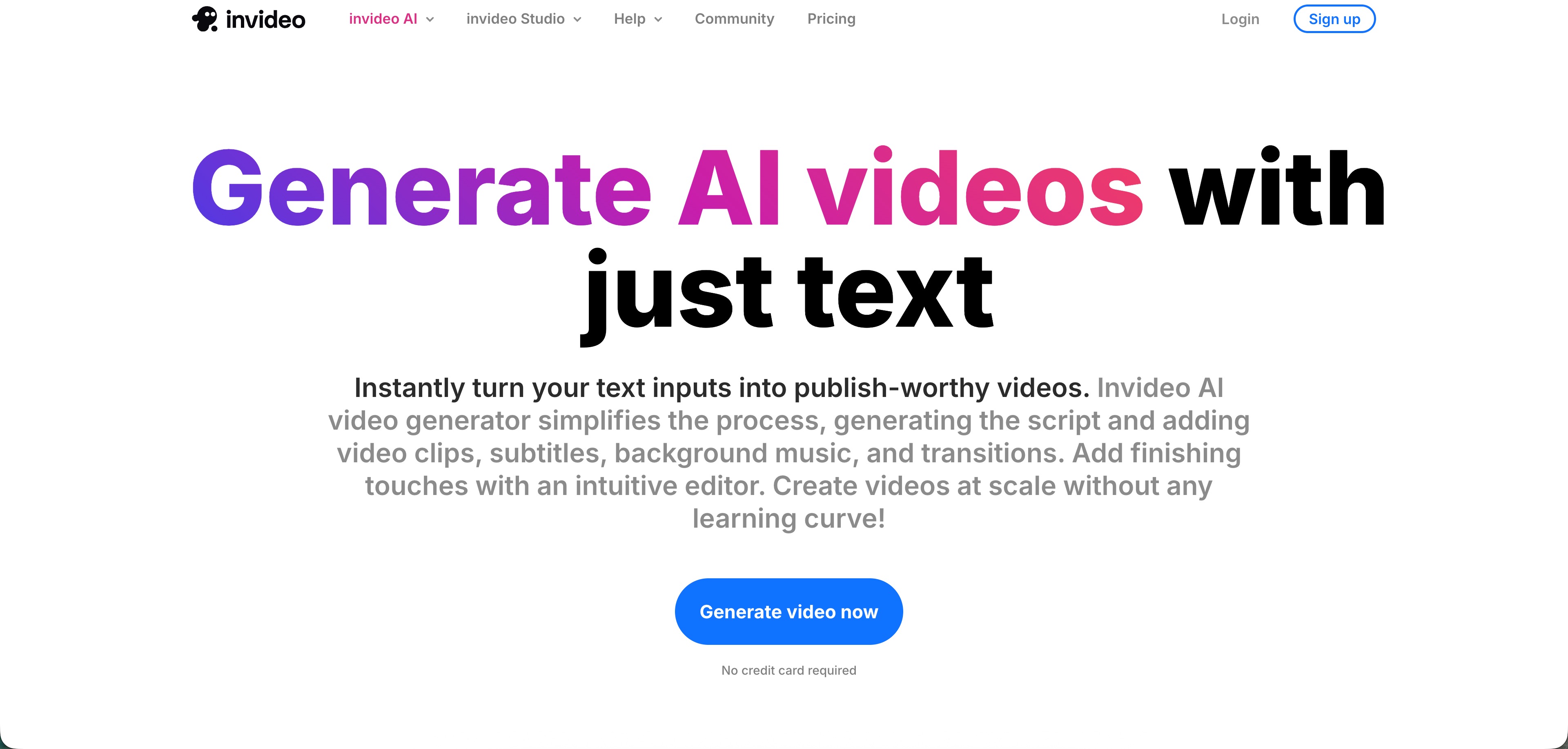 InVideo Interface InVideo AI text to video homepage screenshot