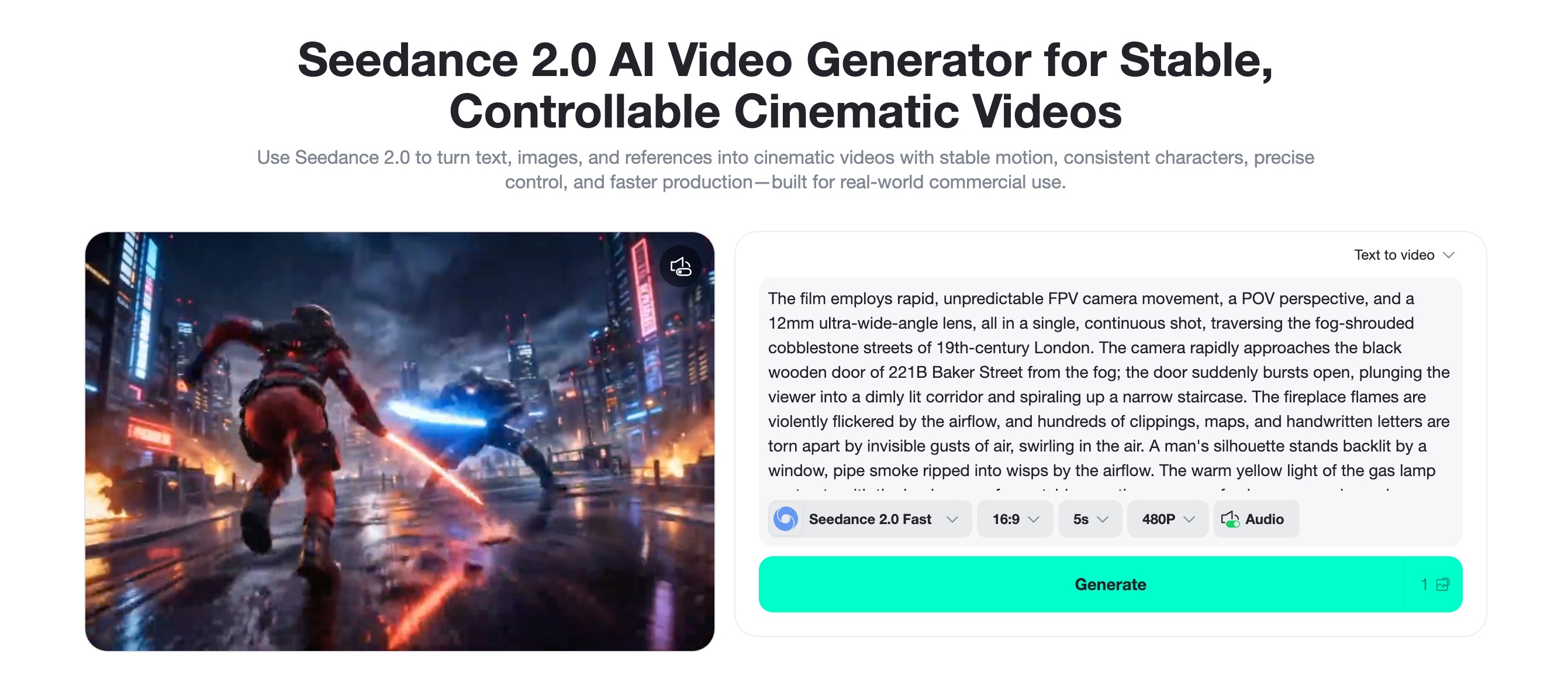 Seedance Prompt Settings Select Seedance in insMind and enter a detailed video prompt