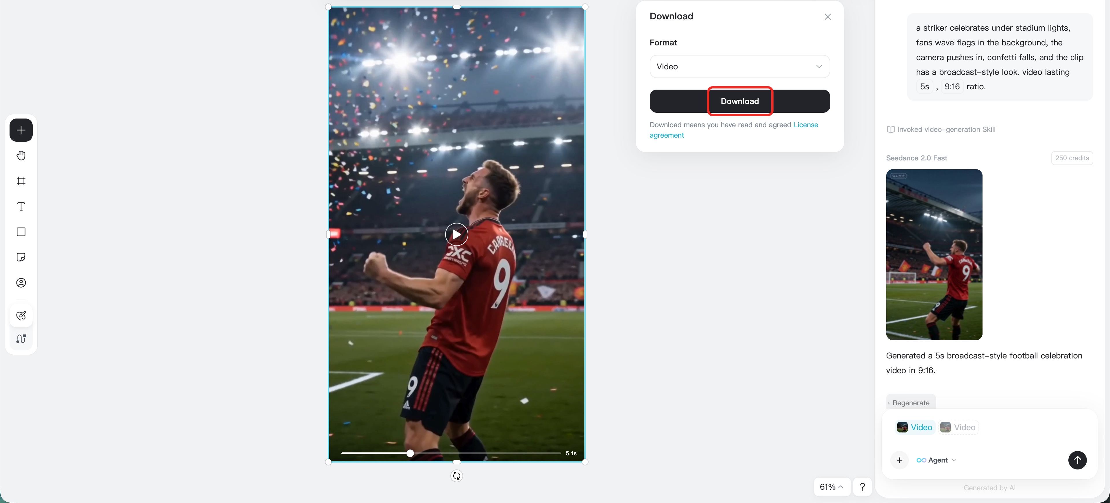 insMind generation screen for downloading an AI football highlight video.