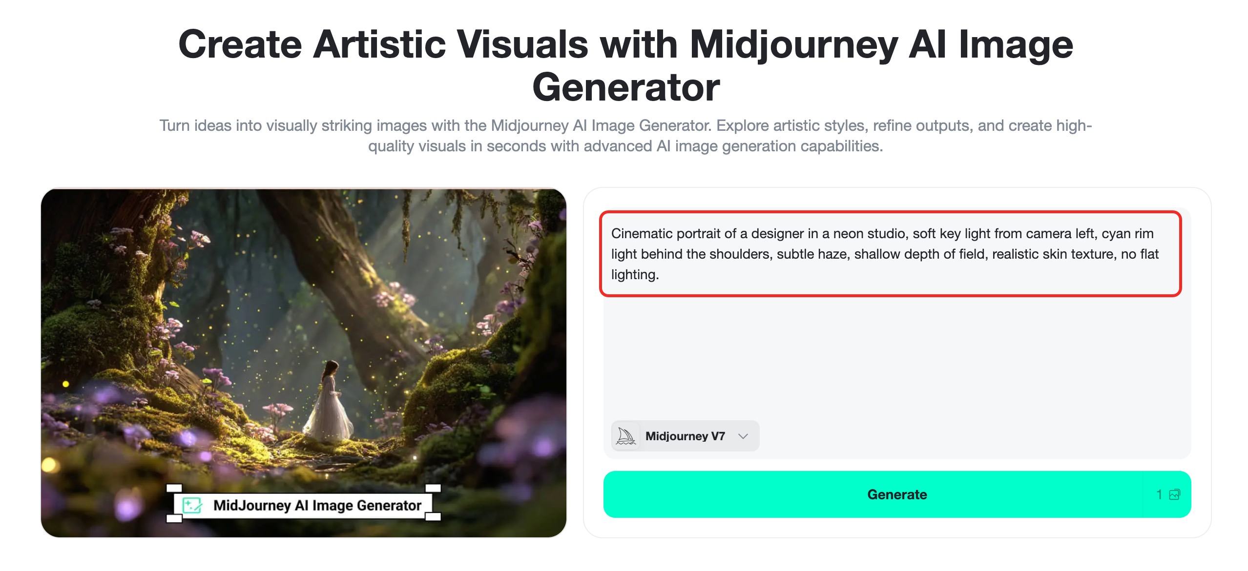 User enters a detailed Midjourney lighting prompt.