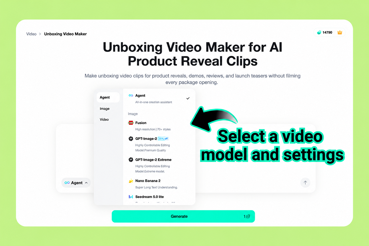 Select Video Settings Choose an AI video model and unboxing settings