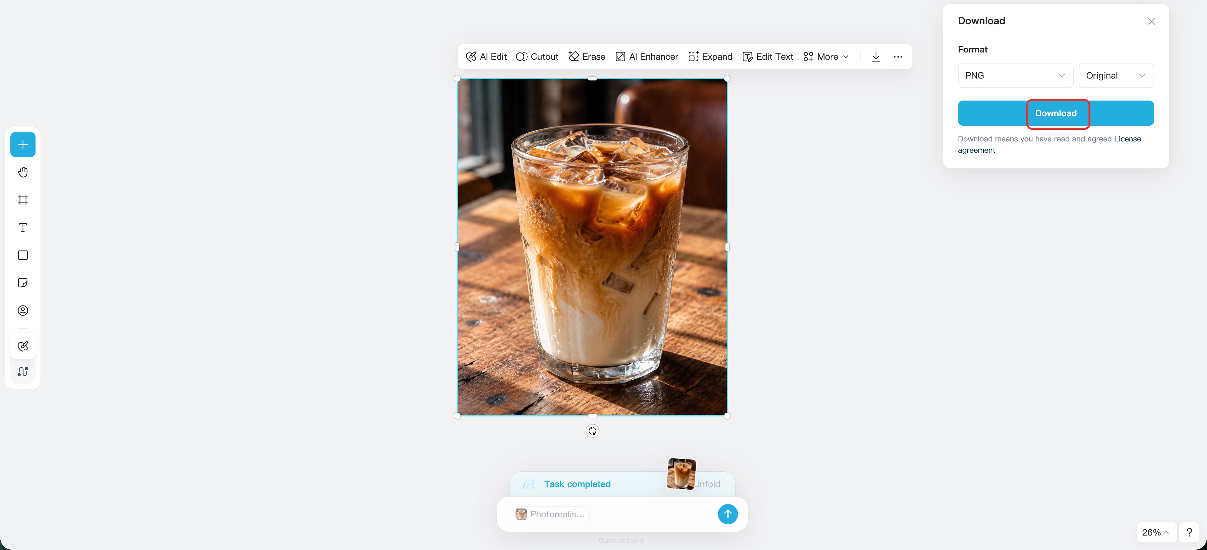 User downloads the finished photorealistic AI image.