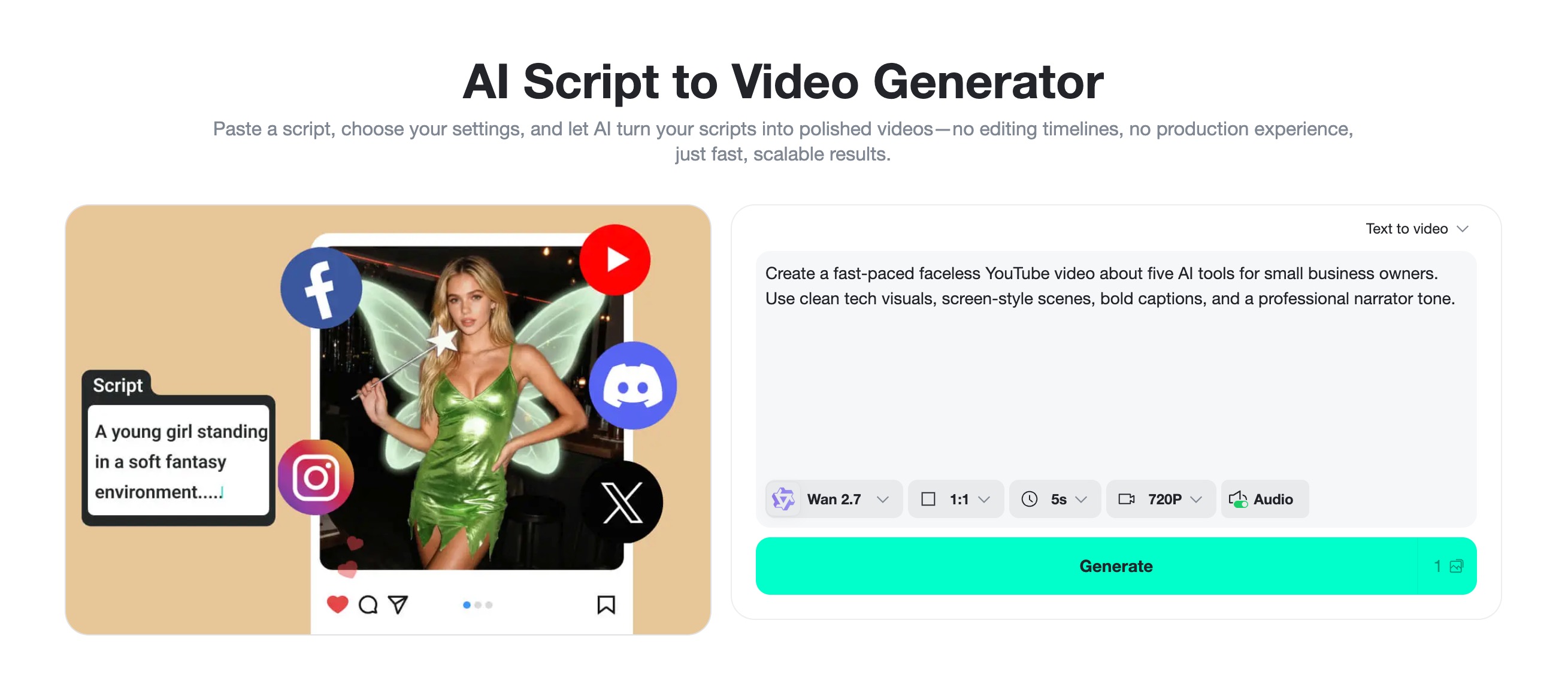 insMind script to video generator shows a faceless YouTube prompt.