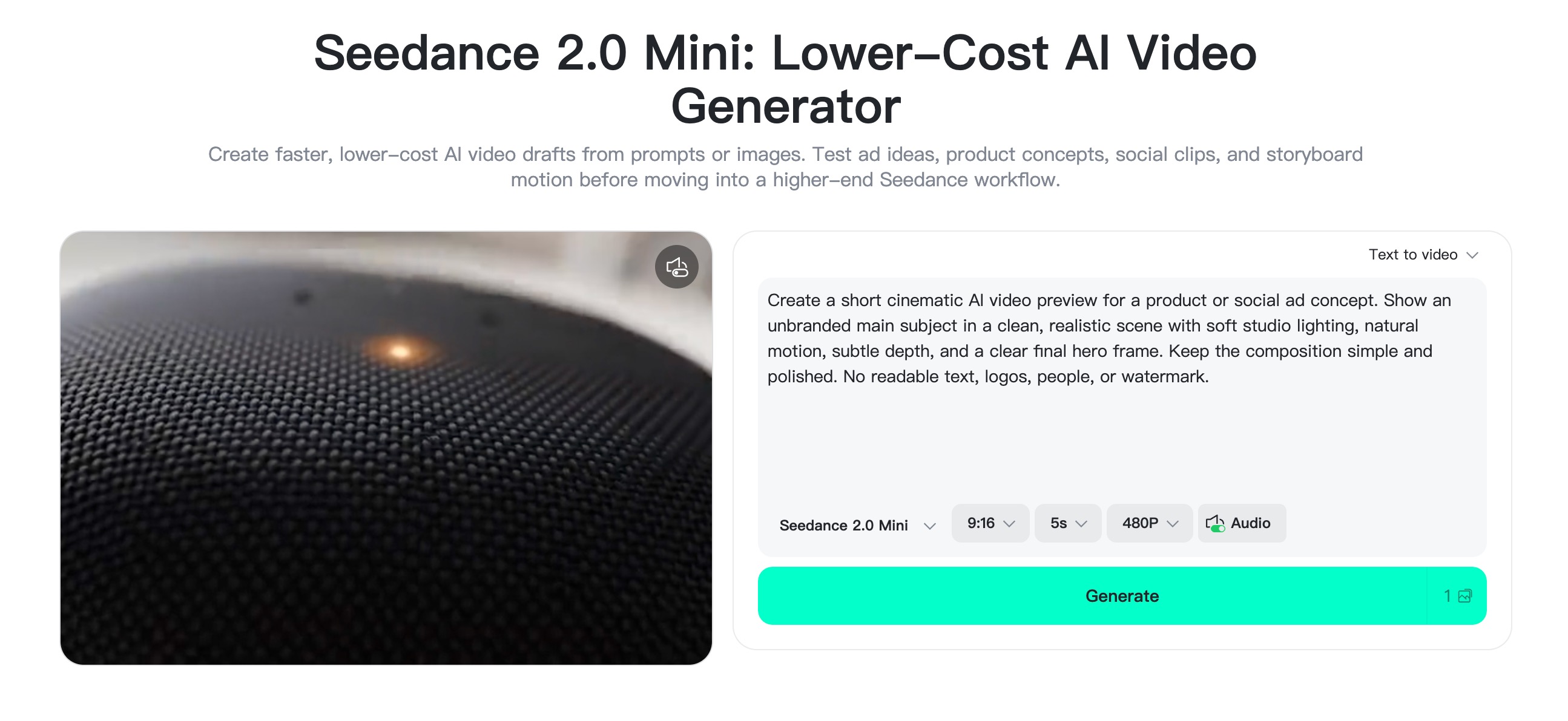 insMind Seedance 2.0 Mini generator page