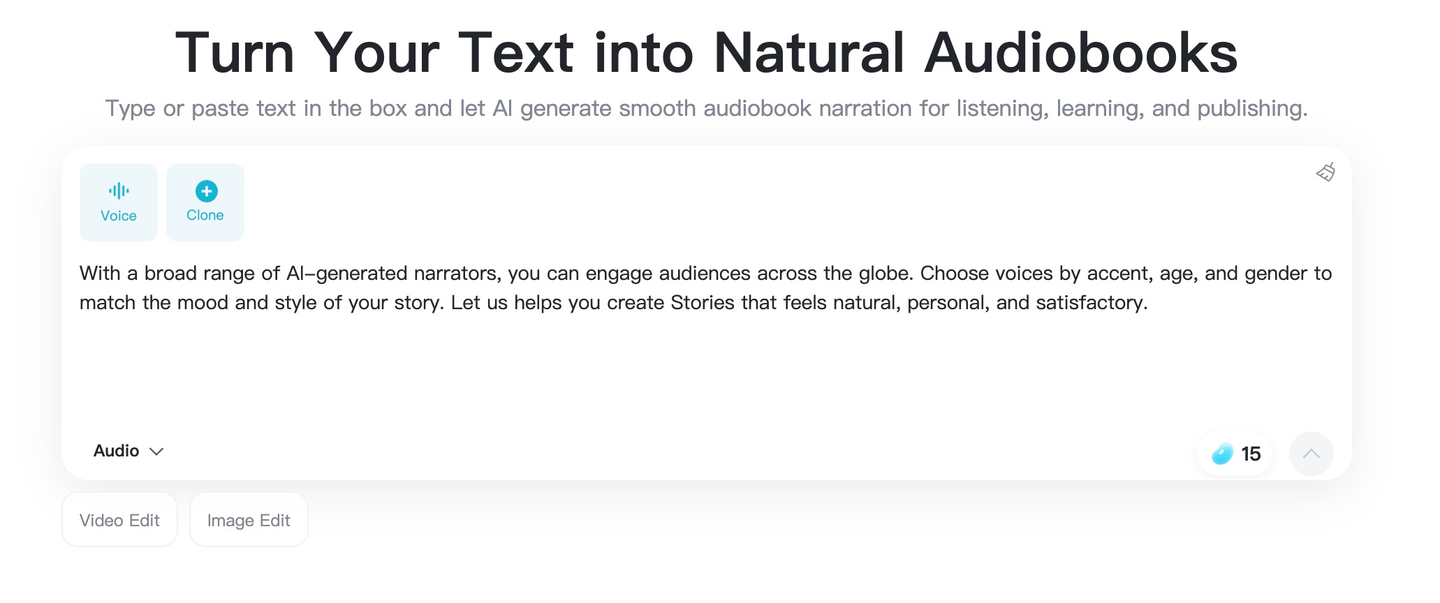 Voice selector for choosing an audiobook narrator style.