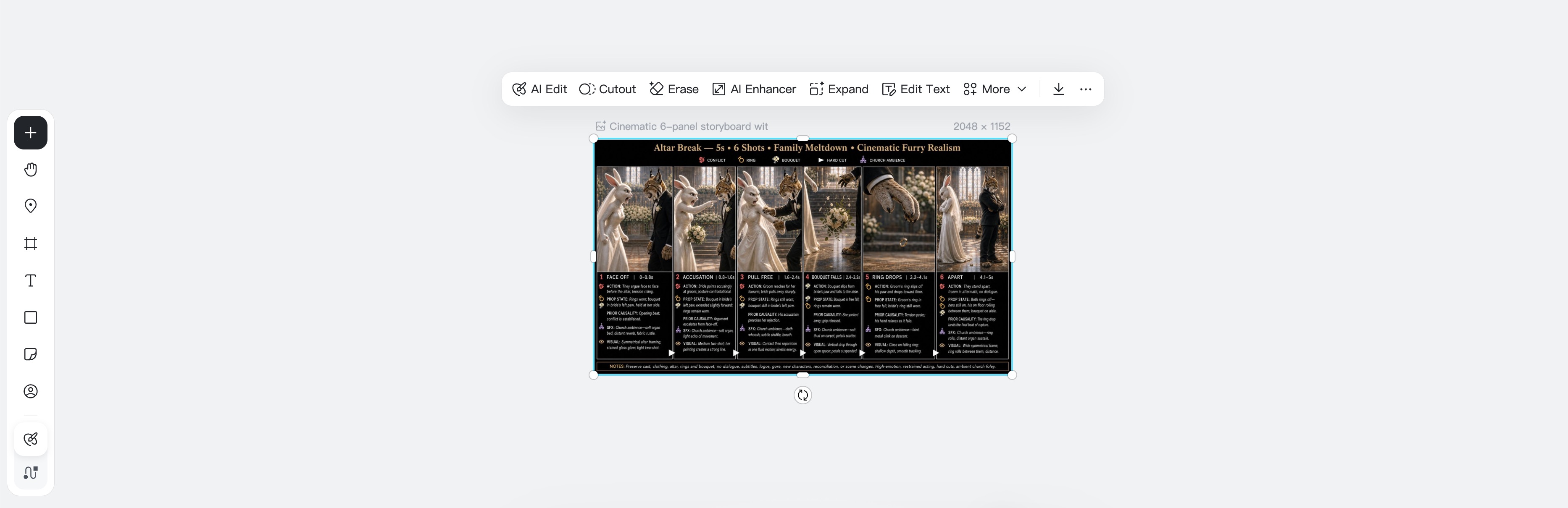 Cinematic six-panel storyboard opened for editing in insMind