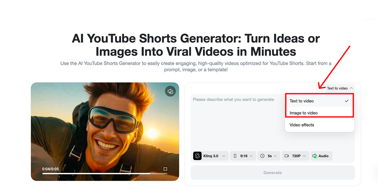 Choose text to video image to video or video effects mode