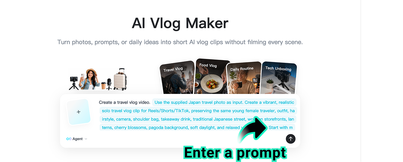 Enter Vlog Prompt Enter a complete prompt for the AI vlog