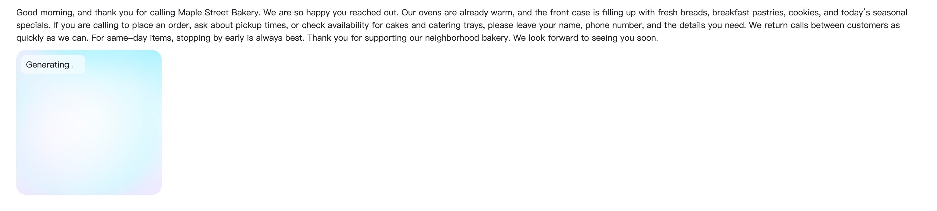Generate the Voicemail Audio insMind creation workspace generating audio from the Maple Street Bakery voicemail script.