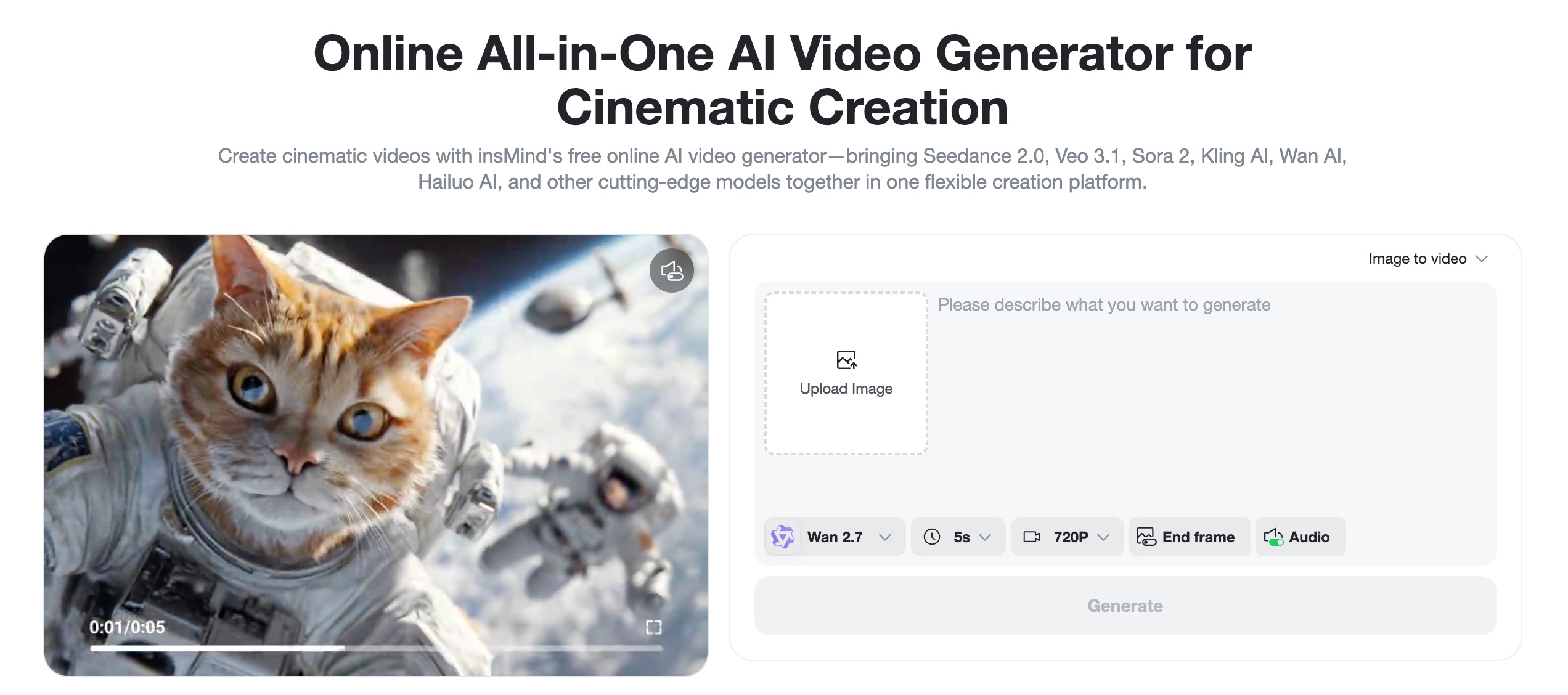 Choose Video Mode The insMind AI video generator shows the image upload entry.