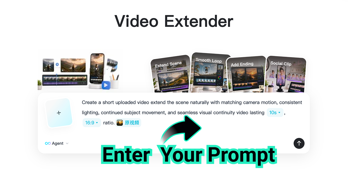 Enter Your Prompt Enter a continuation prompt for the AI video extender