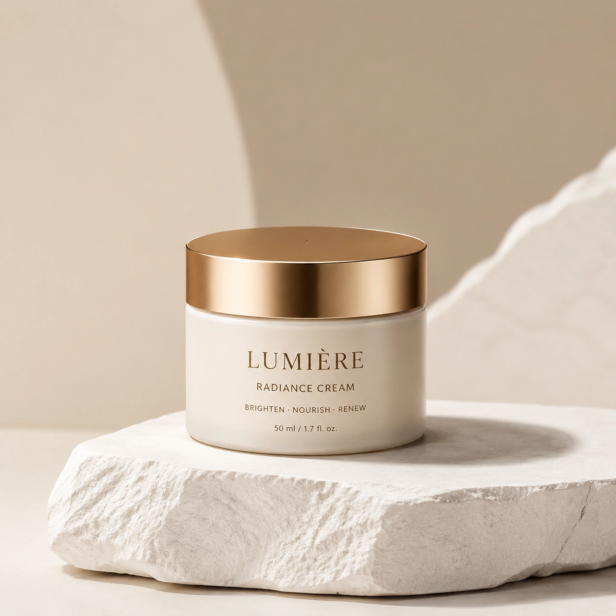 Skincare jar on stone podium with soft highlights.