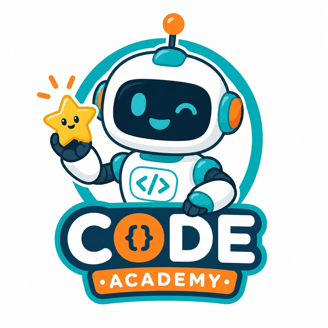 Friendly robot mascot logo for coding academy