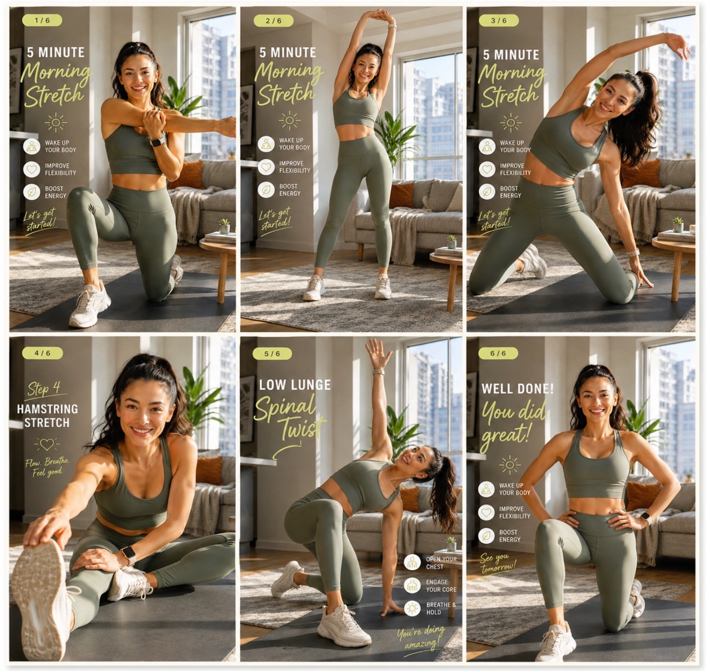 Realistic Fitness Coach Fitness coach demonstrates a morning stretch in a bright apartment