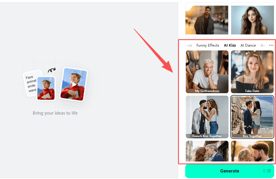 Select AI Kiss Effect Choose a kiss style like French kiss, cheek kiss, or air kiss for your video.
