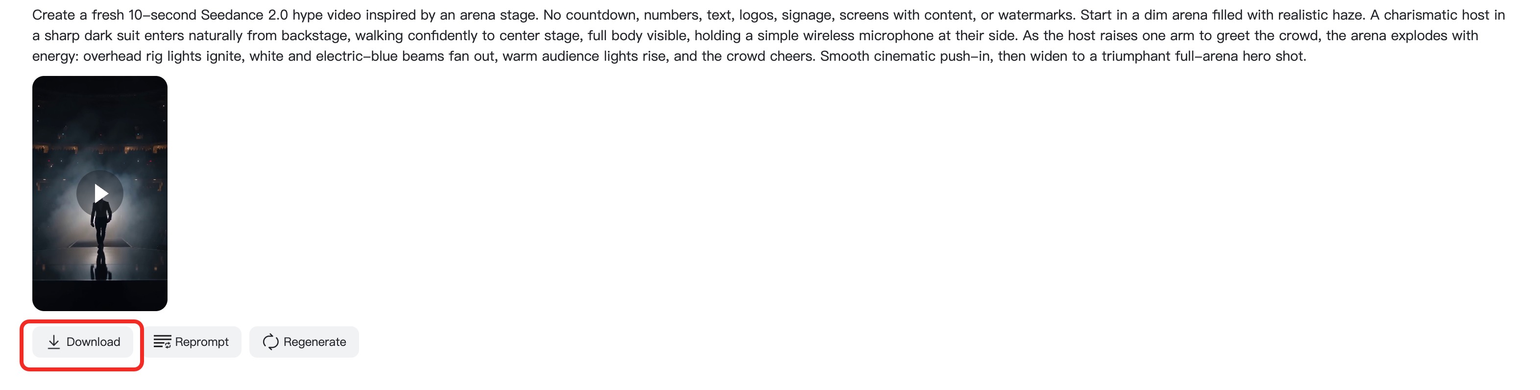 Download Hype Video Download and share controls for the generated hype video.