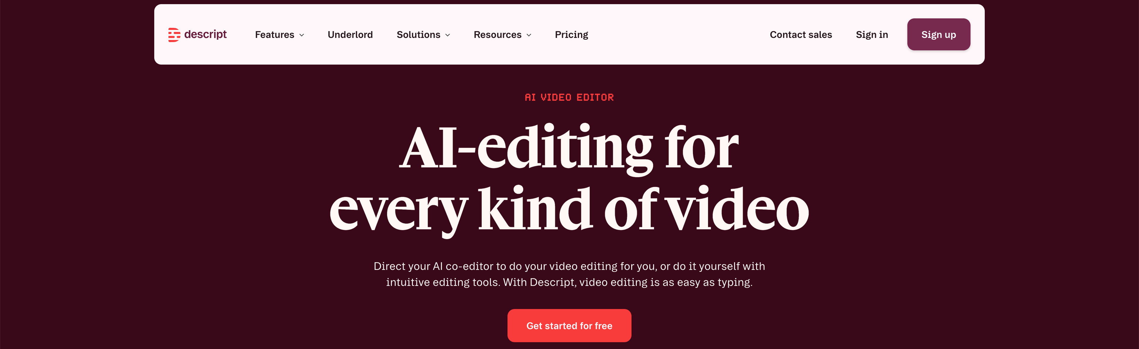 Descript Editing Platform Descript homepage presenting its AI video editing workspace.