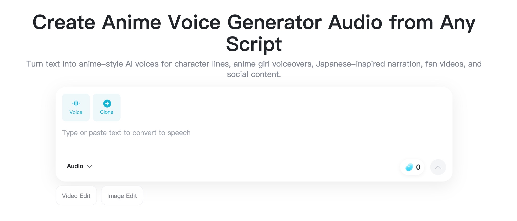 Enter Anime Voice Script insMind text box containing a short anime character line.