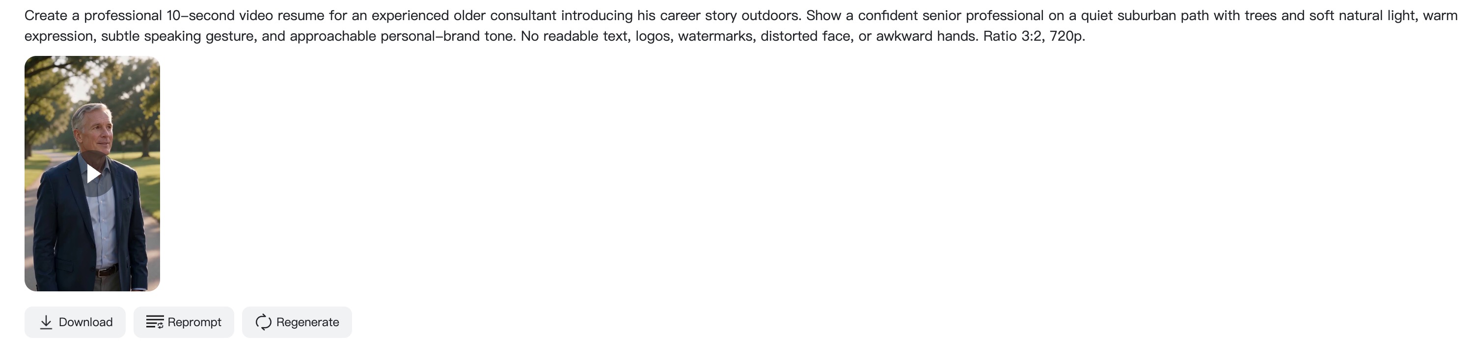Generate and Preview Resume Generated video resume preview with reprompt and regenerate controls.
