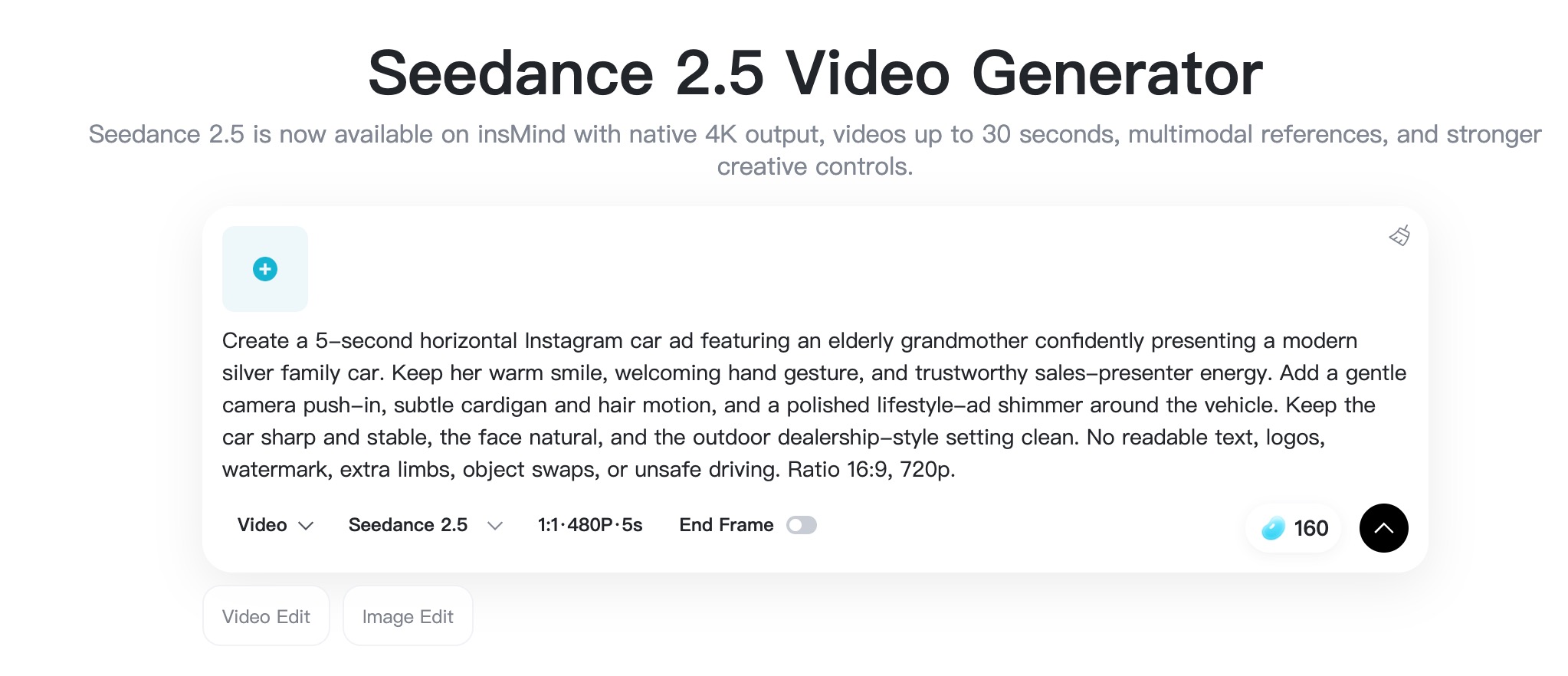 Seedance 2.5 prompt box filled with video settings selected.
