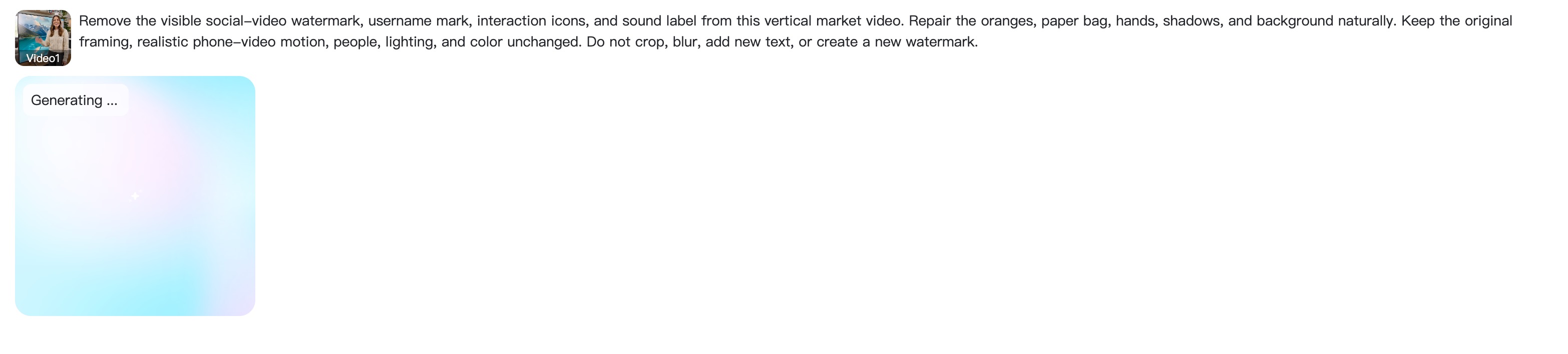 insMind processes a TikTok video using the watermark removal prompt