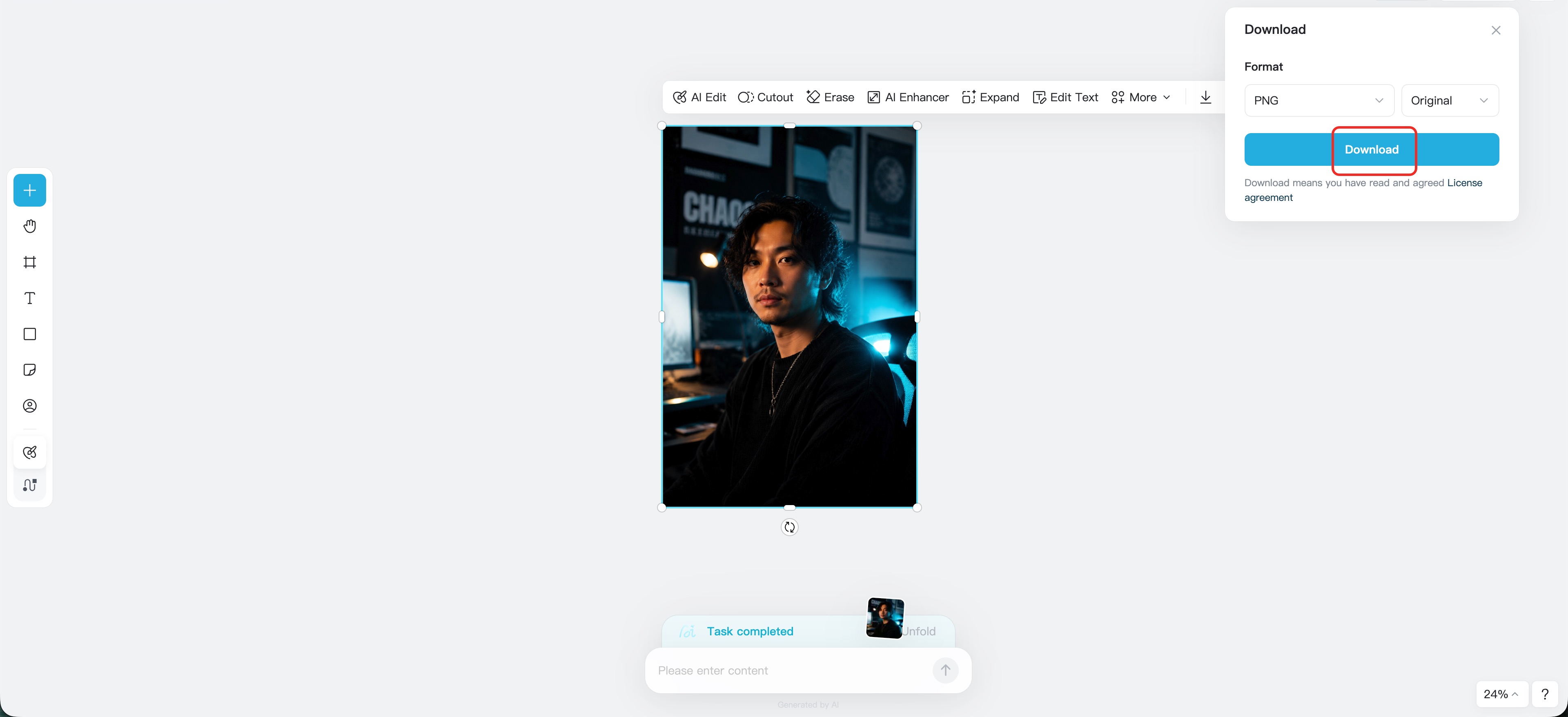 User downloads the completed AI lighting image.