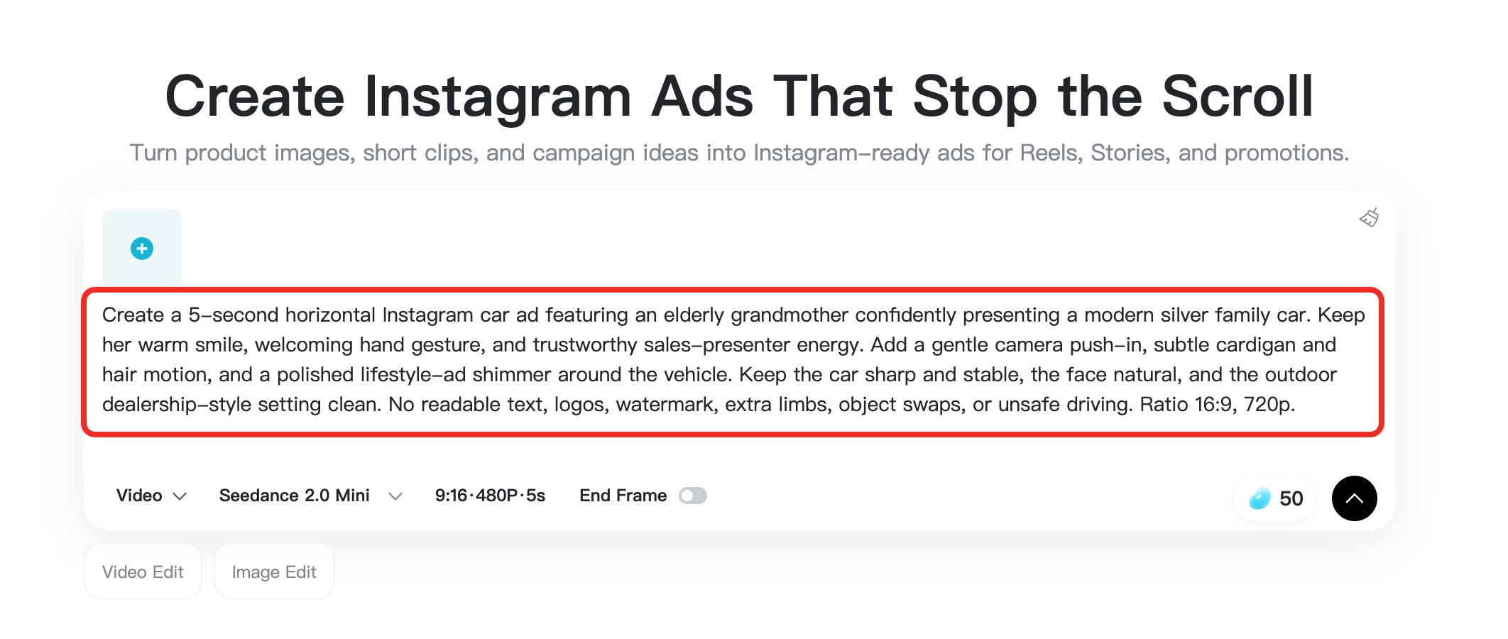 A vertical Instagram Story ad prompt entered in insMind.