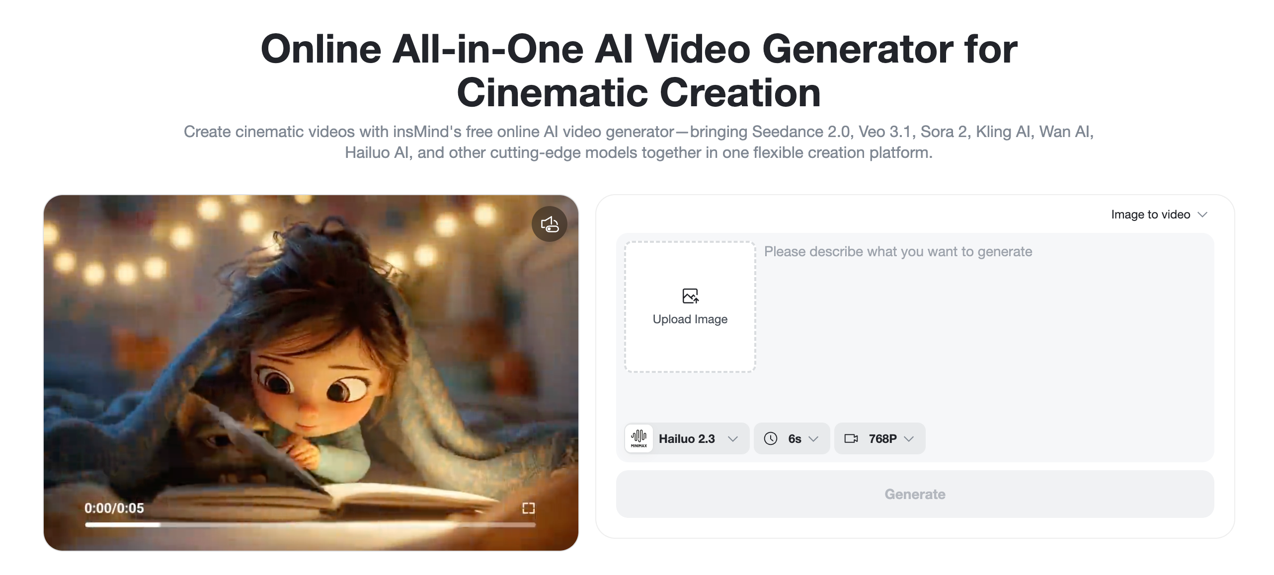 Choose Video Creation Mode The insMind AI video generator page shows the image-to-video upload area.