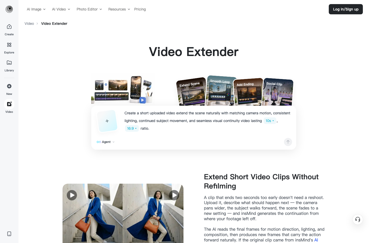 insMind Video Extender insMind AI video extender page showing upload and prompt workflow